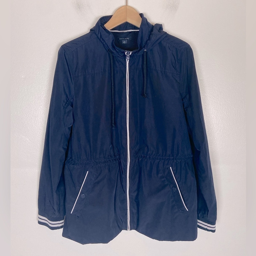 Tommy Hilfiger Women's Windbreaker Lightweight Hooed Jacket Size L Color Blue
